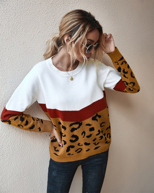 2021 Fashion Leopard Patchwork Autumn Winter Ladies Knitted Sweater Women O-neck Full Sleeve Jumper Pullovers Top