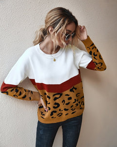 2021 Fashion Leopard Patchwork Autumn Winter Ladies Knitted Sweater Women O-neck Full Sleeve Jumper Pullovers Top