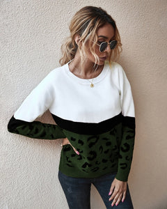 2021 Fashion Leopard Patchwork Autumn Winter Ladies Knitted Sweater Women O-neck Full Sleeve Jumper Pullovers Top