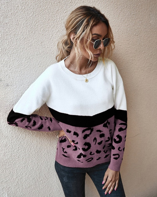 2021 Fashion Leopard Patchwork Autumn Winter Ladies Knitted Sweater Women O-neck Full Sleeve Jumper Pullovers Top