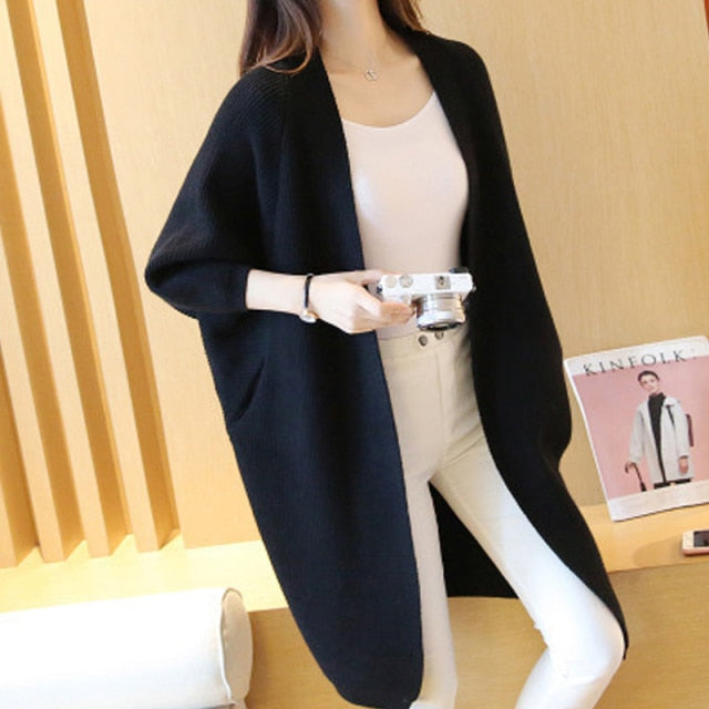Spring Autumn Solid Long Cardigans for Woman  Casual Loose Ladies Knitted Sweater Female Batwing Sleeve Long Cardigans