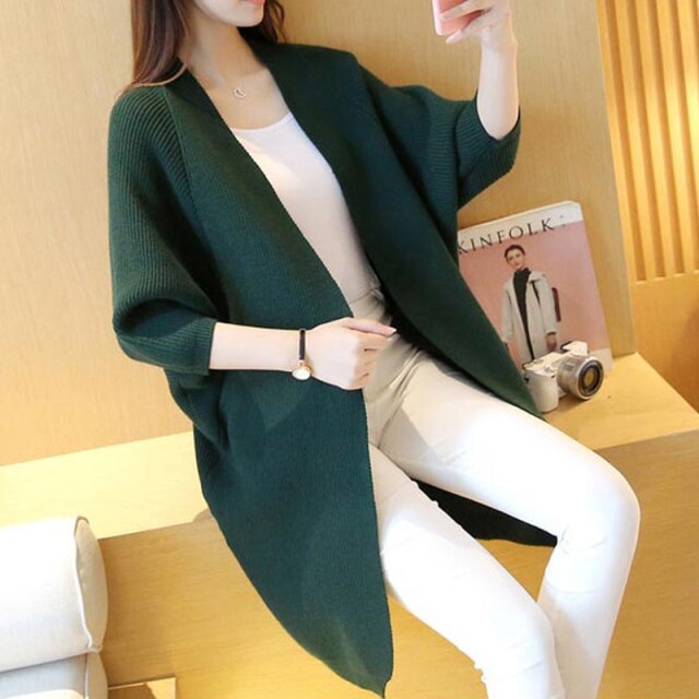 Spring Autumn Solid Long Cardigans for Woman  Casual Loose Ladies Knitted Sweater Female Batwing Sleeve Long Cardigans