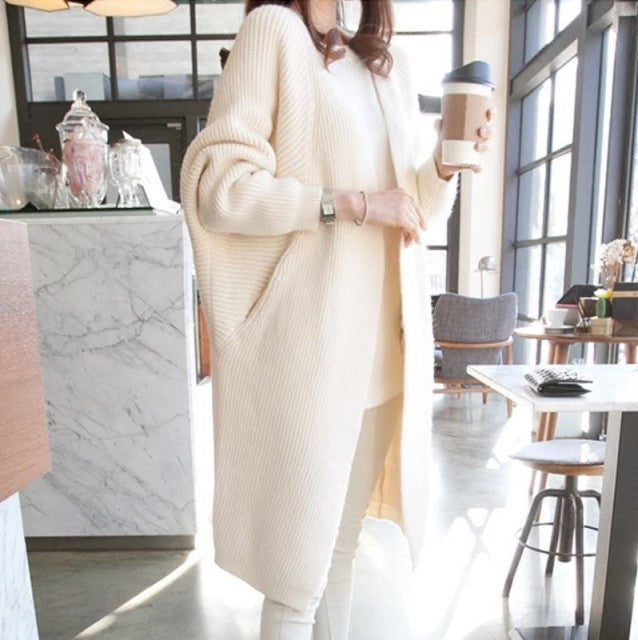 Spring Autumn Solid Long Cardigans for Woman  Casual Loose Ladies Knitted Sweater Female Batwing Sleeve Long Cardigans