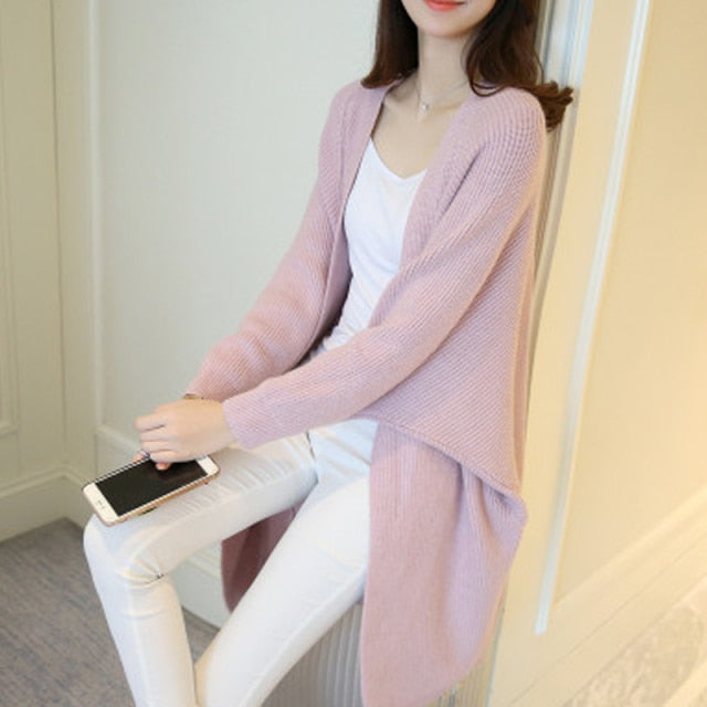 Spring Autumn Solid Long Cardigans for Woman  Casual Loose Ladies Knitted Sweater Female Batwing Sleeve Long Cardigans