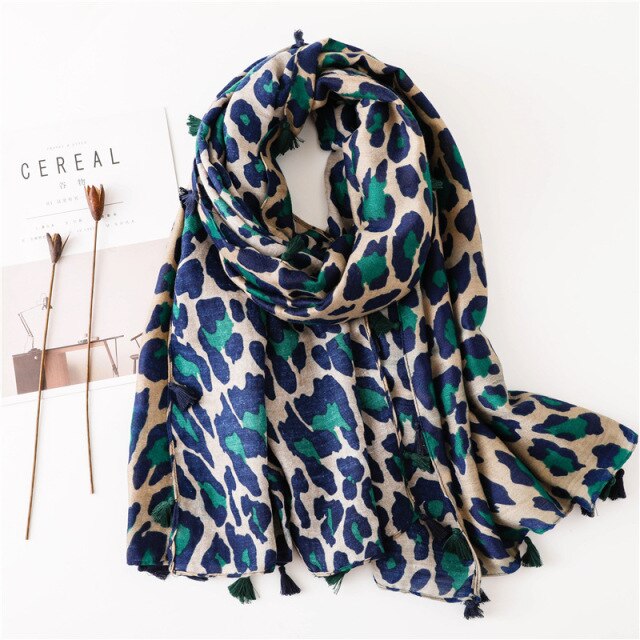 Turquoise Leopard Dot Spain Style Scarf Women Luxury Cotton Viscose Tassel Wrap Pashminas Stole Muslim Hijab foulard bandana